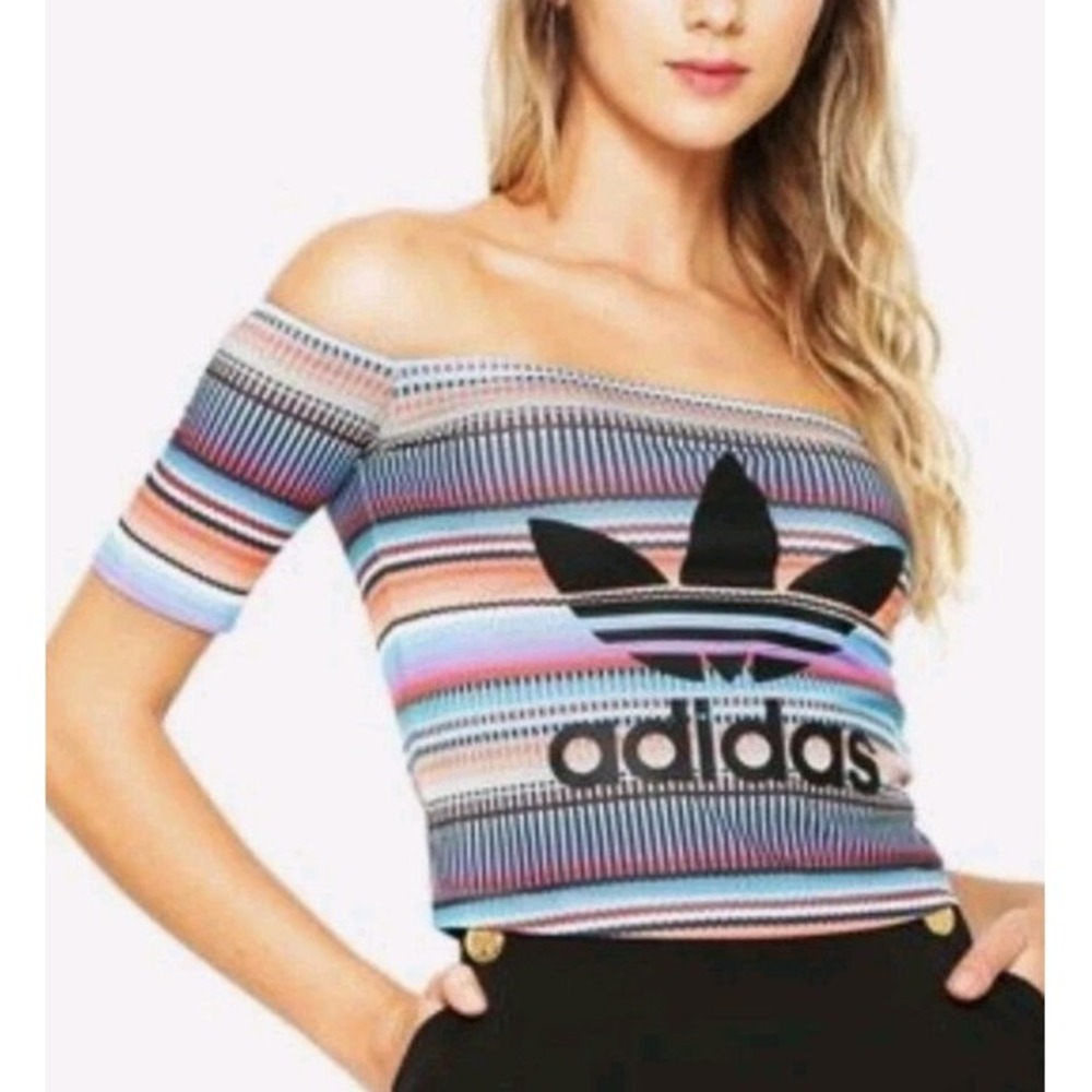 ADIDAS ORIGINALS Women's Striped Multicolor Off The Shoulder Shirt Crop Top Sz L